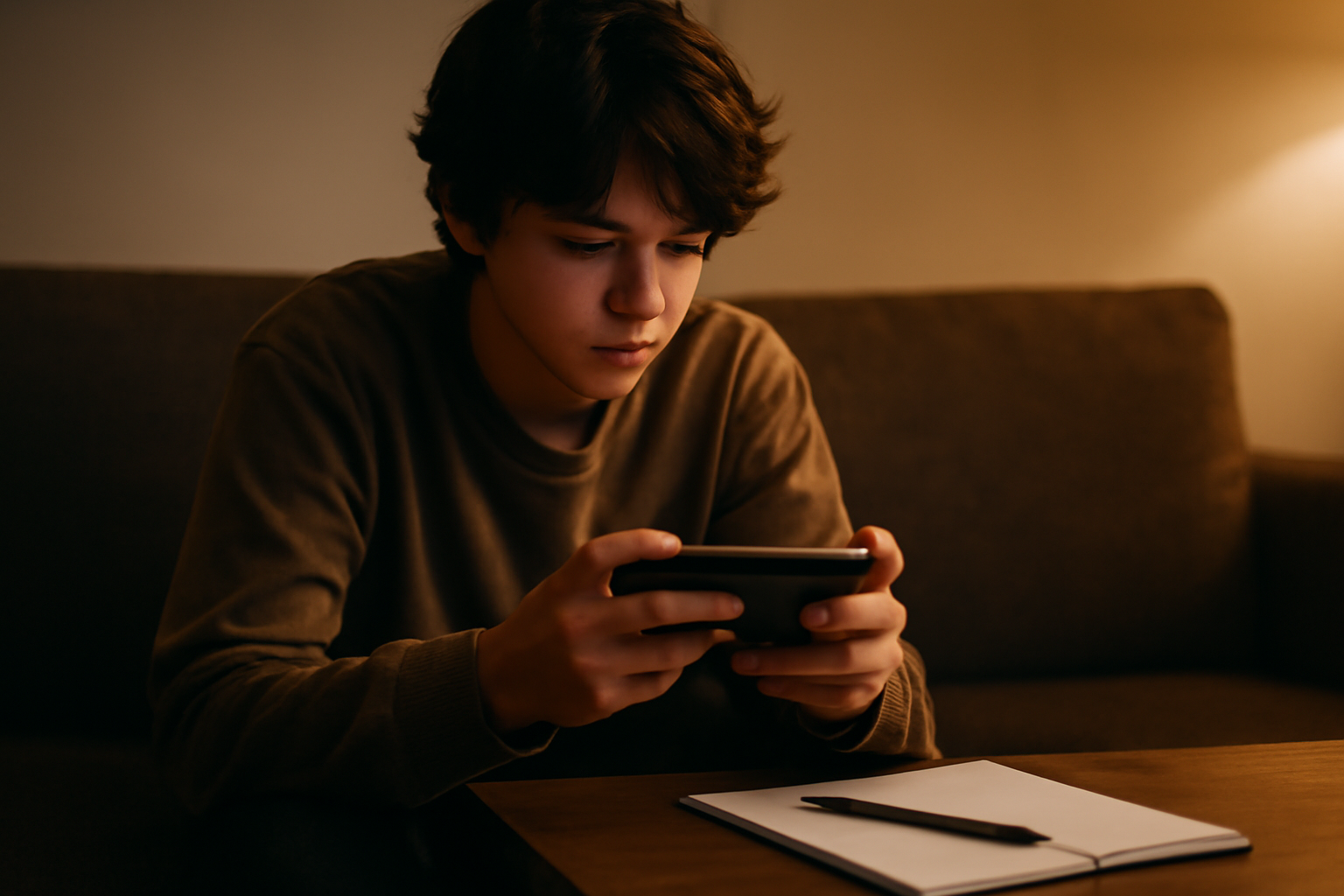 Pemain memegang ponsel secara horizontal sambil berlatih game MOBA mobile di ruangan remang